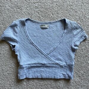 Gray Ribbed V-Neck Crop Top
